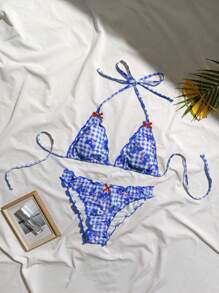 2pcs Lemon Yellow Plaid Print With Red Bow Swimwear Set, Removable Swimwear Pads, Beach Vacation Outfits, Swimsuit, Summer Dresses For Women, Summer Clothes Women, Festival, Ibiza Outfits, Swimwear Women, Bikini Set, Swimming Costume Women, Beach Wear Women, Holiday Coord, Beach Dress, Bikinis For Women Sets - Blue Purple - View 3