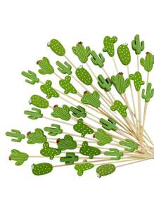 100 piezas de palillos de cactus, tenedores de bambú mixtos, palitos creativos para aperitivos y postres; ostiones para frutas, suministros para fiestas; accesorios de cocina (estilos surtidos), fiesta, recuerdo de cumpleaños, postre de fiesta; buffet y decoración; palito de cola de caballo de cactus; hisopos de frutas; garrote de inicio de madera; palo de ensalada de fruta; guillotina de toothpick, accesorios para el hogar; decoraciones hawaianas para fiesta - Verde - Ver 1