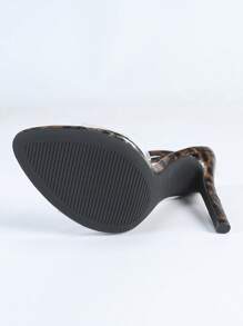 女士豹纹透明玻璃带圆头高跟凉鞋，皮革材质，踝带扣闭合，时尚优雅派对高跟鞋，黑色