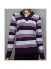 Women's Cold Weather Blouse | Women's Striped Long Sleeve Blouse | Striped V-Neck Blouse | Stripes - 紫色 - 查看 5