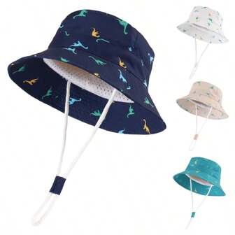 Sombrero protector solar para niños y niñas pequeños con estampado de dinosaurios, de ala ancha, para el verano y uso al aire libre, con cordón para la barbilla