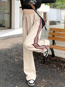 女士高腰抽绳阔腿宽松休闲运动裤、下装 - 杏色 - 查看 1