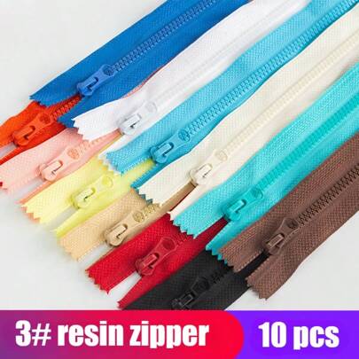 10 peças 3# Resina Zíper de extremidade fechada, bolso para roupas, bolsa para caneta, bolsa, gola de roupa com zíper curto, ferramenta de costura DIY