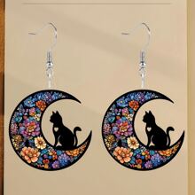 A Set Of 4 Pairs Of Unique And Dreamy Crescent Moon Cat Earrings, With Colorful Patterns That Blend Starry - Sky And Flower Elements