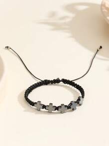 1pc Men's Handmade Cross Hematite Bead Bracelet, Fashionable & Minimalist Design, Suitable For Men And Women, Ideal Holiday Gift - Multicolor - View 2