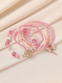 5pcs Pink Elegant Versatile Fashion Graceful Luxury Handmade Beaded Crystal Life Tree Butterfly Anklets Set, Suitable For Women Gift, Party, Casual, Travel, Bar, Holiday, Daily Wear