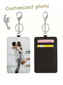 1PC Leather Card Holder Keychain With Customized Photo Sublimation - Personalized PU Leather Luggage Tag Keychain, Hot Pressed Blank Card Holder, Customized Couple, Family Photo, Special Surprise Gift For Girlfriend, Boyfriend, Father, Mother, Husband, Wife