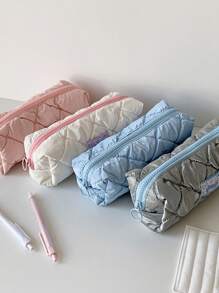 1pc Cute And Fashionable Candy Color Large Zipper Pencil Case, Soft Girl Style Student Stationery Storage Bag, Cream Down Fabric Storage Pouch - Multicolor - View 4