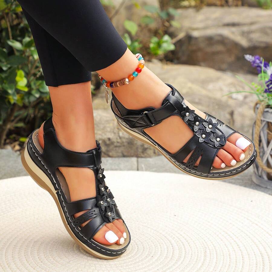 Sommerlicher neuer Stil 2025, große Sandalen für Damen mit einem Knopf und lässigem, atmungsaktivem Fischmund, leicht und bequem Damen Sandalen - Schwarz - Übersicht 1
