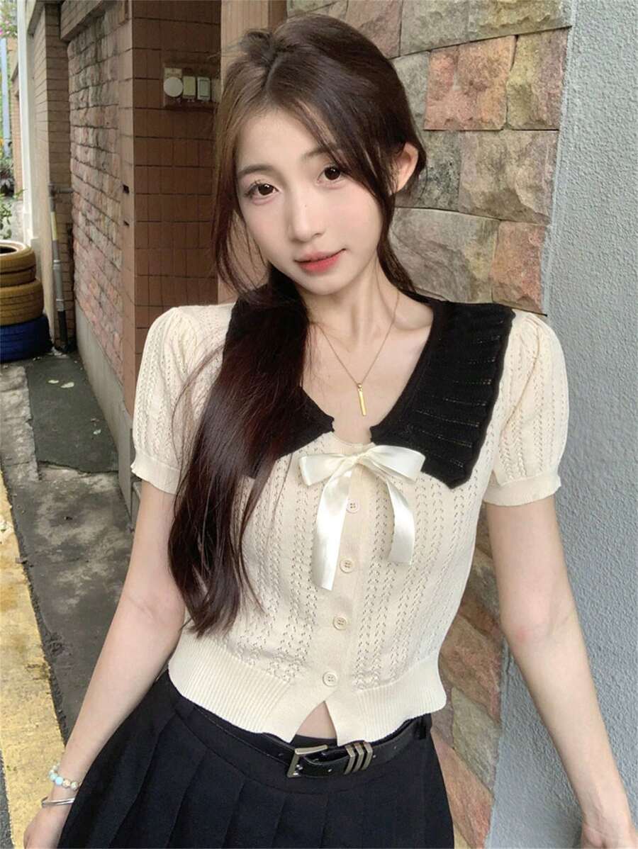 Cute Color Contrast Bow Collar Cardigan Knitted Sweater Top For Women, Summer