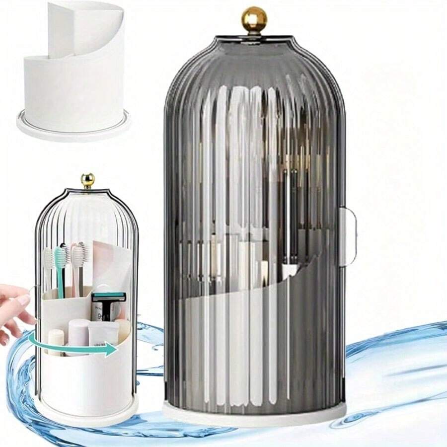 Plastic Rotating 360° Makeup Brush Holder With Cover, Non-Electric, Suitable For Vanity Makeup Storage