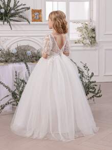 少女白色蕾丝边深V露背网纱毕业优雅公主裙，适合女孩穿着，可用于生日派对、婚礼、花童、伴娘、特殊场合和庆典、毕业典礼等。 - 白色 - 查看 5