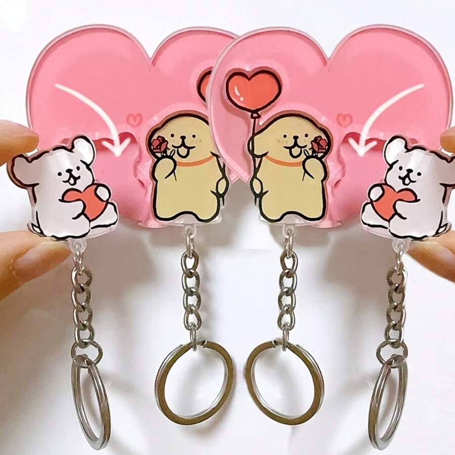 2 件浪漫情侣水晶钥匙扣套装，心形爱心符号钥匙扣，周年纪念礼物，卡通熊图案，情侣钥匙扣配件汽车配件书包挂饰背包适合上学