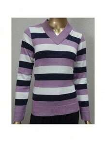 Women's Cold Weather Blouse | Women's Striped Long Sleeve Blouse | Striped V-Neck Blouse | Stripes - 紫丁香色 - 查看 5