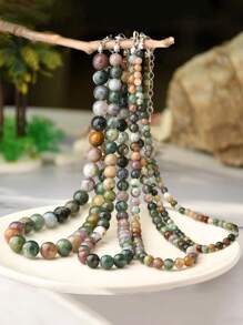 1/4pcs Boho Natural Stone Beaded Necklace, Vintage Green Agate Choker, Free Mix & Match Multi-Layer Neck Chain - Multicolor - View 6