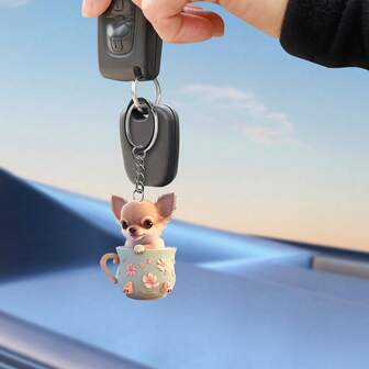 1 只可爱茶杯吉娃娃狗钥匙扣，亚克力材质小狗装饰吊坠，适用于包包装饰、汽车钥匙配件