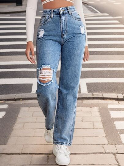 Pantalones vaqueros diarios simples unicolor para mujer, Mujeres Rasgado Bolsillo Recto Flojo pantalón informal de mezclilla, Jeans simples y con estilo para uso diario con lavado en agua y efecto desgastado