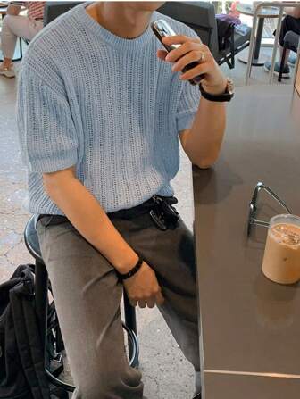 男士纯色短袖毛衣，休闲百搭