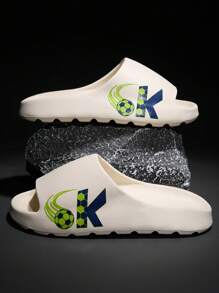 Plus Size Men's Fashion Sports Style Football & Letter Graphic Indoor/Outdoor Slippers, Versatile Beach & Couple Flip Flops (Multiple Sizes Available) - Beige - View 2