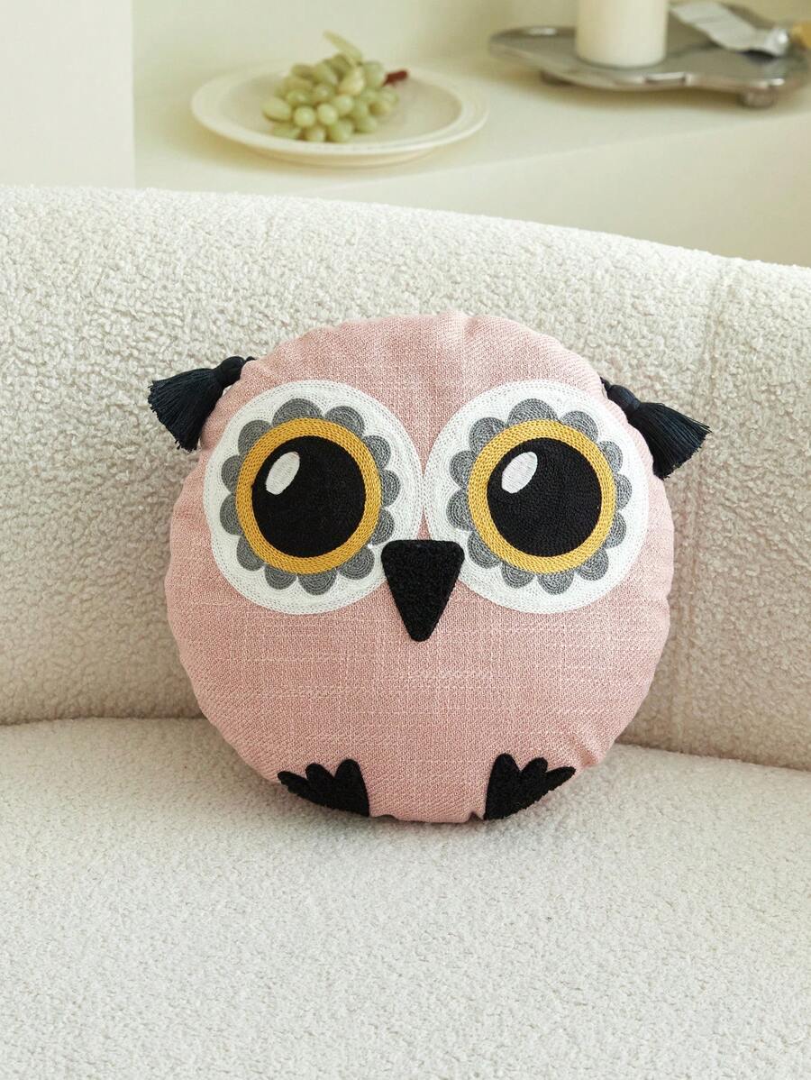 1pc Pink Owl Embroidered Round Throw Pillow Cover, Suitable For Indoor Decor, All Season Use With Tassel Decoration, No Filler Included
