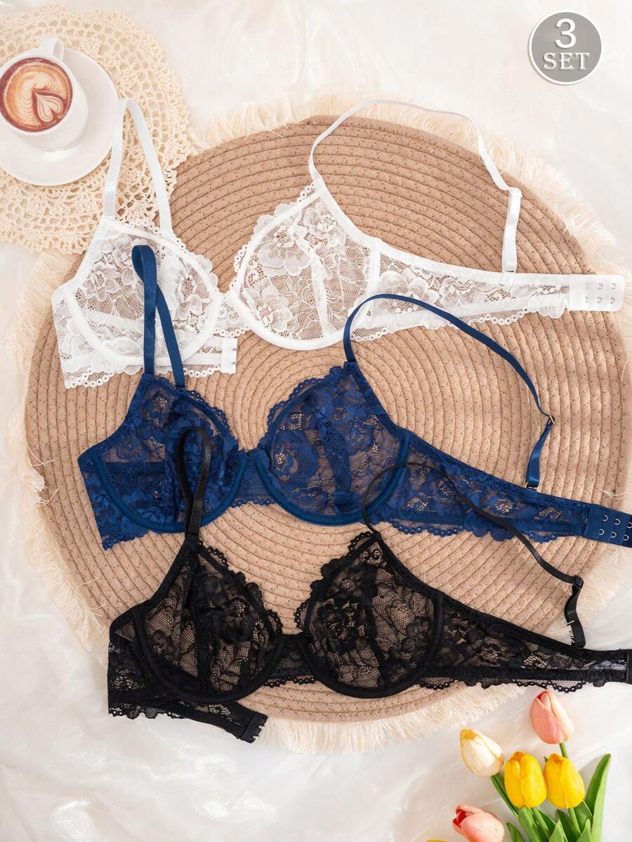 3pcs Women Solid Color Lace Thin Cup Underwire Comfortable Sexy Lingerie Bras