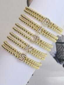 经典时尚锆石字母吊坠可调节链条手链，奢华A-Z字母手链，女士珠宝礼品 - 金色 - 查看 3