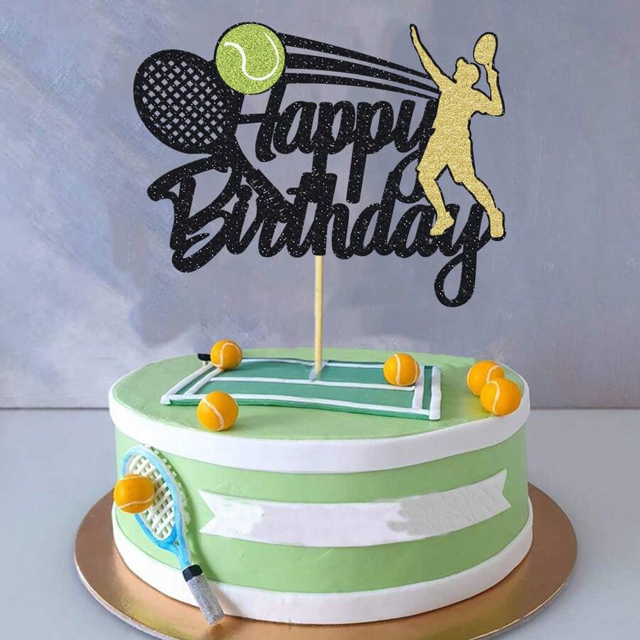 1/13 Piezas Decoraciones de Pastel de Cumpleaños de Tenis Letrero de Feliz Cumpleaños Decoración para Pastel de Jugador de Tenis con Raqueta y Pelota Suministros para Fiesta de Cumpleaños Temática Deportiva Decoración Brillante Negra - Multicolor - Ver 1