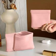 2pcs/Set Unisex Coin Purse, Automatic Closing Compact Pouch Bag For Earphones, Cables, Chargers And Small Essentials, Beige With Gold Zipper, Mini Makeup Bag, Suitable For Men, Women And Students - Pink - View 8