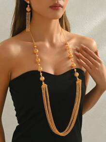 Set de 2 piezas de collar largo con borlas y aretes de perlas falsas, elegante cadena para suéter, ideal para boda, fiesta, Eid Al-Fitr