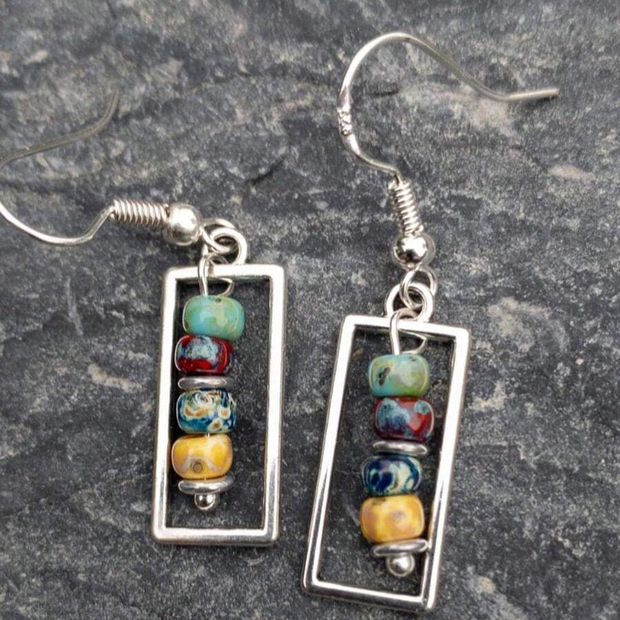 女士方形合成珠吊坠耳环，创意设计，适合派对、日常佩戴、时尚珠宝 - 銀色 - 查看 1