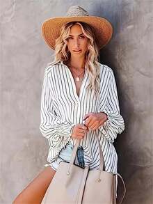 时尚条纹印花前扣灯笼袖休闲长袖衬衫