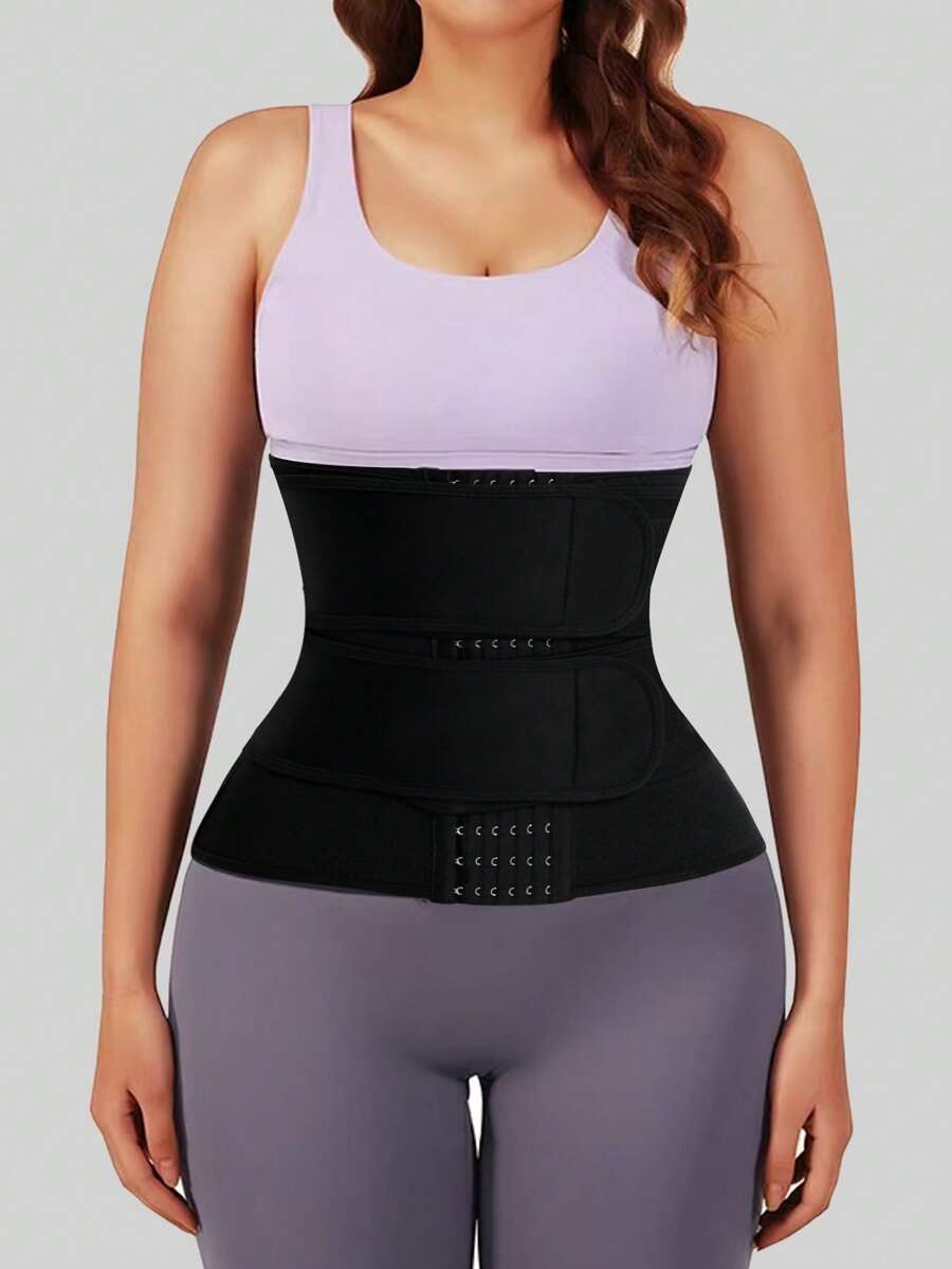 1pc Black 6-Row Buckle Double Layer Reinforced Breathable Waist Support Belt, Waist Trainer Sports Sweat Belts Abdomen Control - Black - View 1