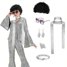 6 件女士 70 年代迪斯科服装配饰套装 - 包括 70 年代迪斯科黑色卷发合成发、镶钻时尚眼镜、闪光围巾、闪光头带、流苏耳环和戒指 - 非常适合复古派对、狂欢节、复活节和主题活动、迪斯科服装配饰万圣节