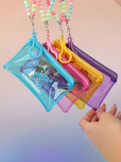 1pc Fashion Girl's Transparent PVC Coin Purse, Colorful Glitter Star Design Small Bag, Zipper Pouch With Colorful Beaded Charm