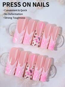24Pcs Long Square 3D Gelnail Makes French Tip Press On Nails Gelnail Flower With Acrylic Fake Nail Set,Contain 1pc Jelly Glue And 1pc Nail File,Easy To Wear Summer Nails & French Tip Nails Art For Woman & Girl Daily Wear Rave Party Use