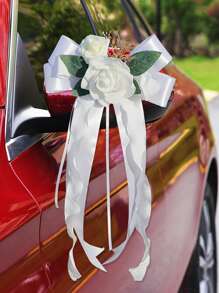 1PC Rose Flower Rearview Mirror Decoration Flower Wedding Car Flower Wedding Scene Decoration, Staircase Handrails, Corridor Door Handle Bow Rose Decoration - Multicolor - View 2