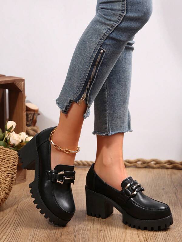 Women's Chunky Heel Slip-On Round Toe Retro Leather Pumps, Fashion Versatile OL Office Commuter Platform Shoes
