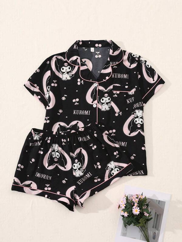 Sanrio Sanrio Authorized 2Pcs/Set Women's Kuromi Printed V-Neck Button Short Sleeve Single-Breasted Top And Bow Pants Pajama Set,Summer Pajama Set, Comfortable For Home Use