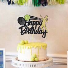 1/13 Piezas Decoraciones de Pastel de Cumpleaños de Tenis Letrero de Feliz Cumpleaños Decoración para Pastel de Jugador de Tenis con Raqueta y Pelota Suministros para Fiesta de Cumpleaños Temática Deportiva Decoración Brillante Negra - Multicolor - Ver 6