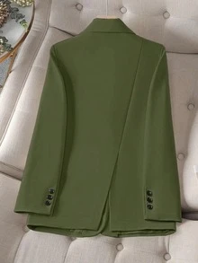 女士纯色翻领长袖单排扣休闲办公薄款外套，夏季 - 墨綠色 - 查看 3