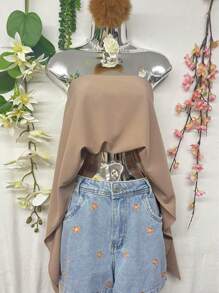 T090 XENA Women's Blouse With Bat Sleeve Cape Top, Dropped Shoulder Crepe Dune Neckline, With Underwear - 卡其色 - 查看 5