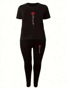 Rose Casual Spring/Summer Two Pieces Set, Crew-Neck Short-Sleeved T-Shirt And Pants Set, Women's Clothing