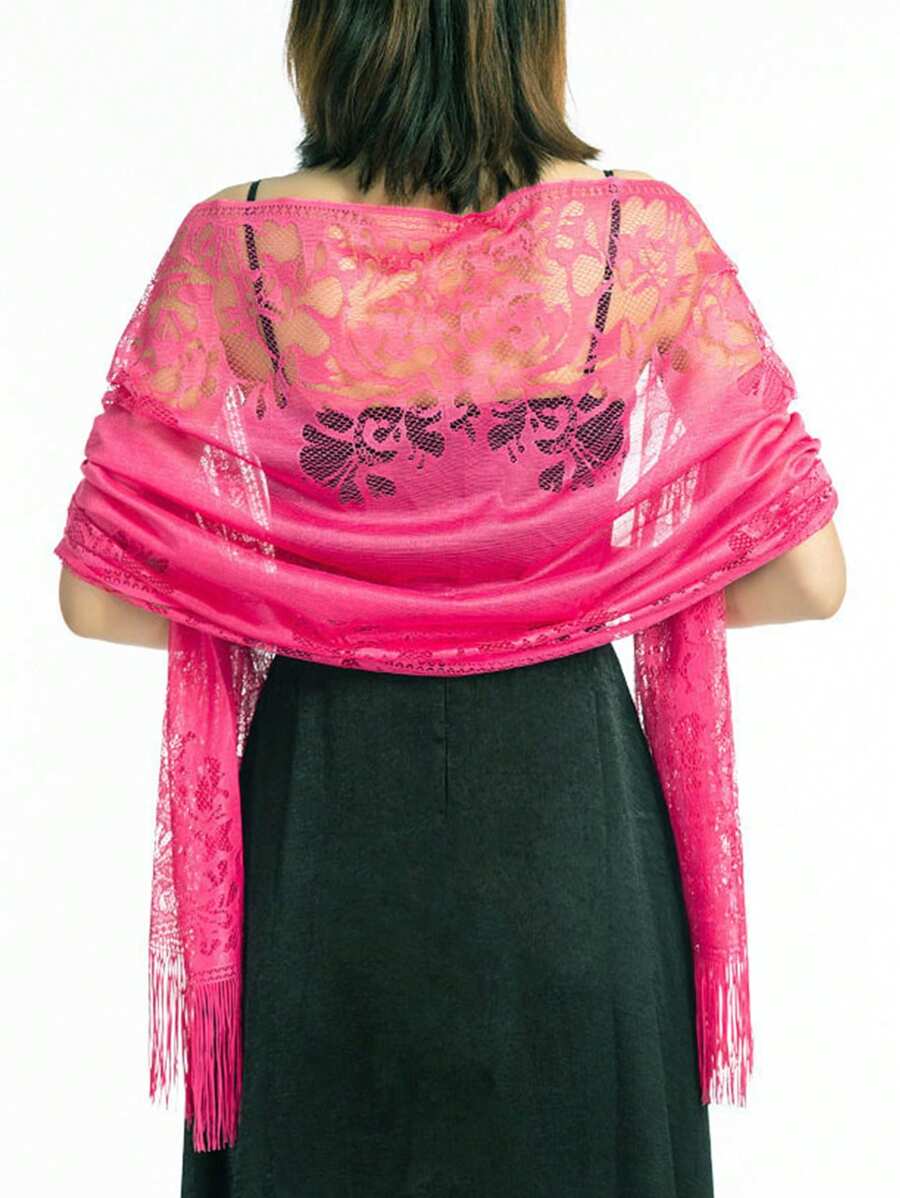 1pc Hollow Lace Tassel Scarf Shawl Beach Wrap - Hot Pink - View 1