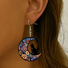 A Set Of 4 Pairs Of Unique And Dreamy Crescent Moon Cat Earrings, With Colorful Patterns That Blend Starry - Sky And Flower Elements
