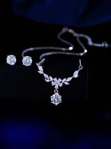 1 Set de joyas de plata de ley 925 auténtica con cúbicos de zirconia brillantes incrustados en forma de flor y hoja, incluyendo collar colgante y pendientes, regalos para bodas, compromisos, fiestas nupciales y festivales para mujeres