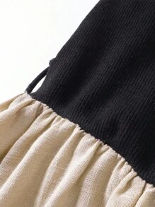 Women's Summer Vacation Dress, Casual Vacation Black Knitted Splicing Apricot Cotton And Linen Long Dress, Free Belt, A-Line Dress, Date Dress, Waist Dress, Cotton And Linen Dress, Birthday Dress, Hepburn Style Dress, Suitable For Vacation/Outing/Dating/Party/Business Casual, Summer & Spring 2025 New,Summer Dresses For Women