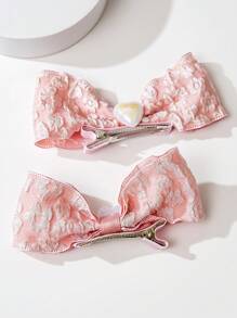 2pcs Teen's Net Bow Hair Clips, Suitable For Daily Wear - Pink - View 3