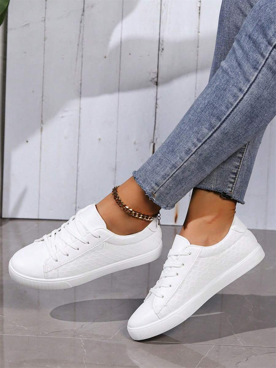 Plus Size Women White Athletic Sneakers, Fashion White Outdoor Sports Shoes, Comfortable Flat Lace-Up Casual Shoes With Rhombus Pattern Design (Size Runs Small, Suggest Ordering One Size Up) - White - View 1
