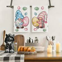 Set van 2 lentekeukenhanddoeken, ontworpen door cartoonkabouterfiguren, geweven van 100% polyestervezel, machinewasbare polyester placemats, hittebestendig, vlekbestendig, waterdicht, gemakkelijk schoon te maken, geschikt voor het schoonmaken van bureaubladen en kommen. Kan worden gebruikt als cadeau, dagelijkse huishoudelijke benodigdheden, keukenbenodigdheden en lente-interieurdecoratie.