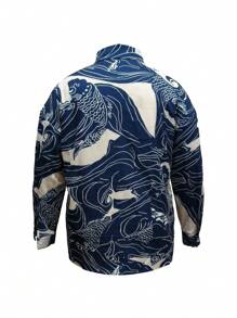 Plus Women's Lapel Printed Front Button Shirt - Blue - View 3